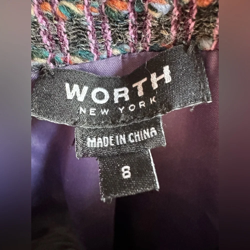 $698 Worth NYC Amethyst Tweed Velvet Ribbon Trim Pocket Wool Blend Jacket Size 8